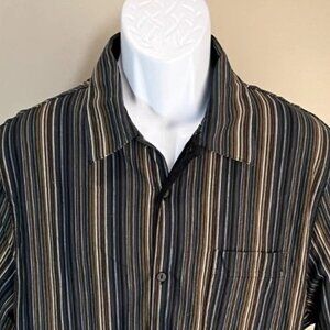 Jhane Barnes Men's black, blue and tan striped short sleeve shirt XL EUC